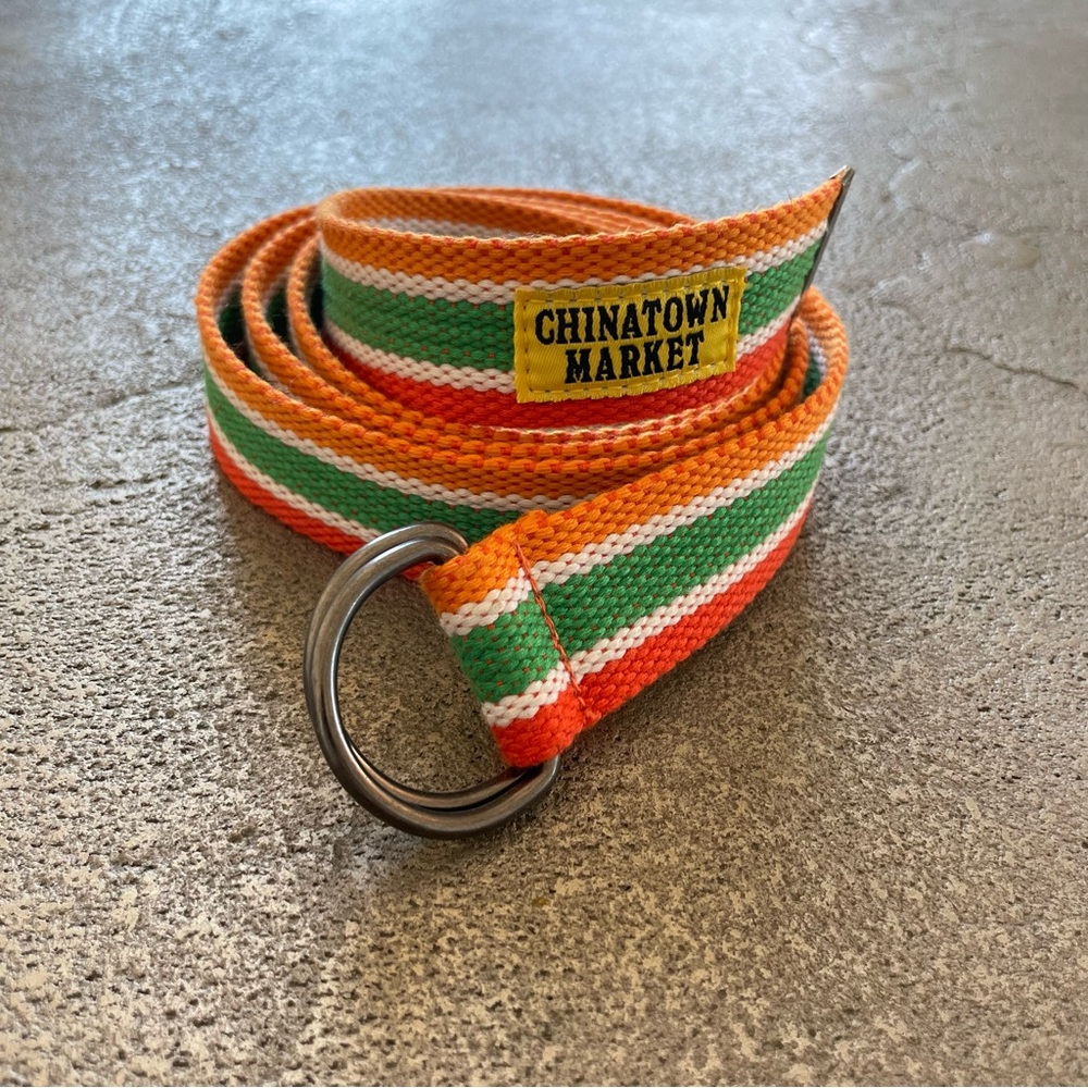 Chinatown Market Striped Canvas Belt in Orange, Green & White D Ring